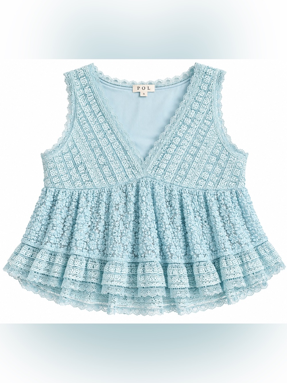 POL Aqua Blue V Neck Sleeveless Cropped Lace Knit Top